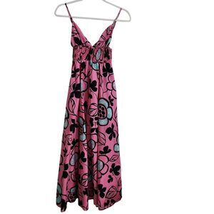 Zara Poplin Dress XS Pink Floral A-Line Midi V-Neck Spaghetti Bloggers Fave Boho